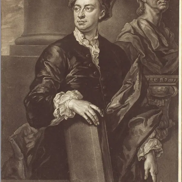 Mezzotint of Martin Folkes with a bust of Isaac Newton