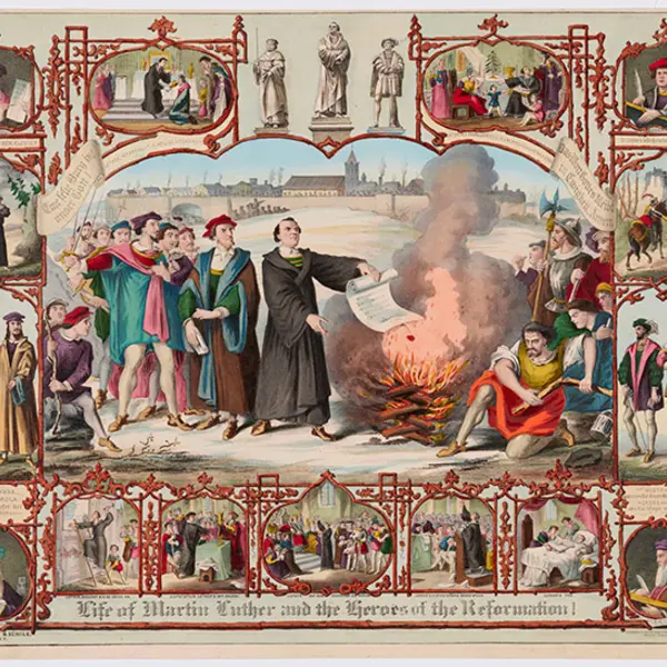 Hand-colored lithograph of the Life of Martin Luther and Heroes of the Reformation from 1874