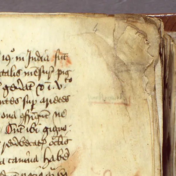 Detail of a scruffy 15th-century manuscript in The Huntington’s collections