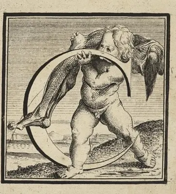 drawing of cherub carrying skeleton
