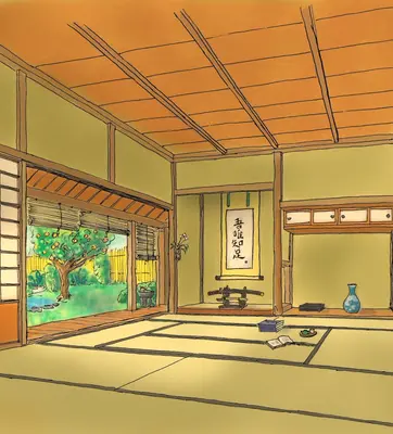 colored drawing of inside of Japanese house