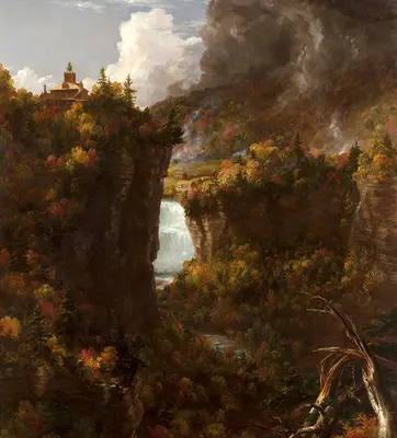 painting of waterfall with fall colors