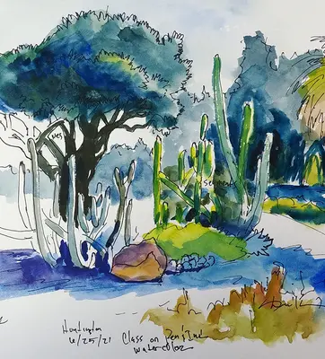 watercolor sketch of desert garden