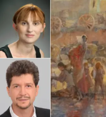 A collage with two webinar speakers' photos and a painting.