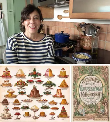 Photo collage of a woman smiling at camera, book cover, and illustrations of desserts.