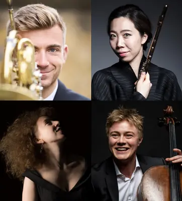 Four elegant portraits of happy musicians 