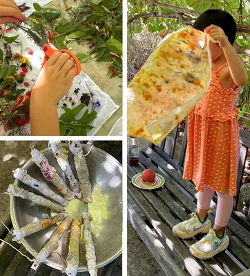 Collage of dyeing process. Top-left: Cutting up plants with scissors. Bottom-left: Dyed fabrics rolled up with string. Right: A child holds up their unfurled dyed fabric cloth.