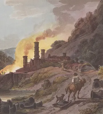 Aquatint depicting smoke rising from chimneys, in the foreground a person rides a horse, followed by a dog.