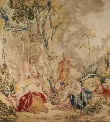 Tapestry shows children and adults enjoying a picnic among ruins.