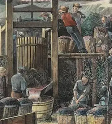 An illustration of people working in on and near a wine-making machine.