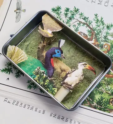 A diorama of a blue and green peacock, white and brown toucan built insode a mini backing pan.