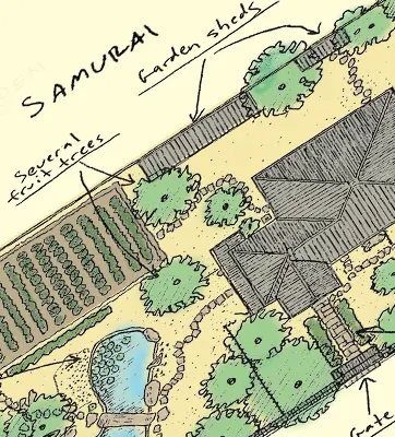 A landscape design of a Japanese garden at the home of a Samurai.