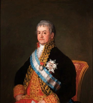 A painted portrait of a Spanish head of state in formal red and black clothing with gold details.