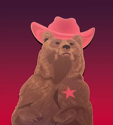An illustrated brown bear, wearing a pink western hat and pink star badge