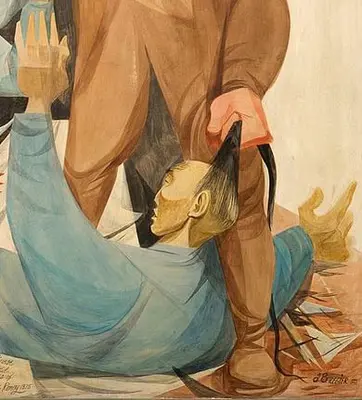 Part of a painting that shows a person on the ground with their long hair in someone's grasp and their hands up in the air.