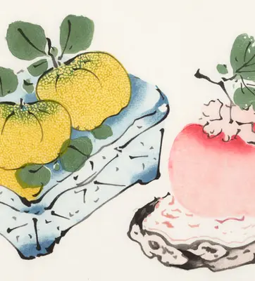 A woodblock print of fruit on serving plates.