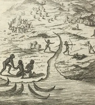 An 18th century book drawing of people at the mouth of a river and mountains in the background.