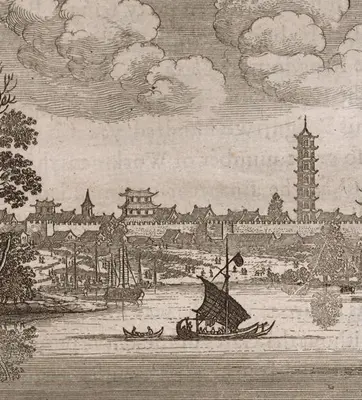 A black and white illustration of a Chinese city, viewed from a body of water with a sailing boat.
