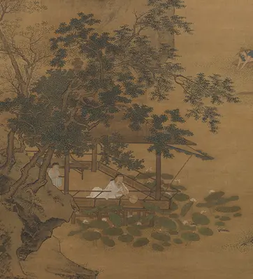 ancient scroll with man on terrace among trees