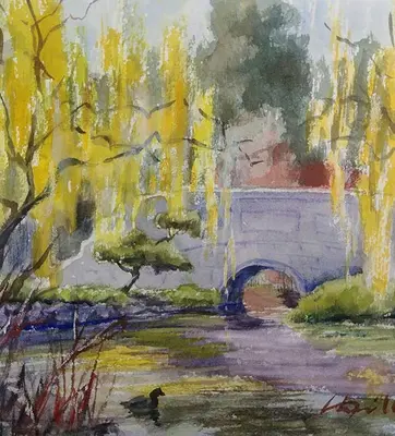 A watercolor painting of trees and a bridge over water.