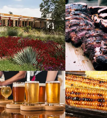 Four images of a colorful garden, grilled brisket, flight of beers, and grilled corn.
