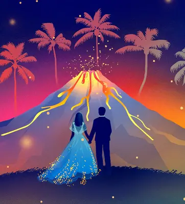 Illustration of a volcano, palm trees, and a couple in wedding outfits.