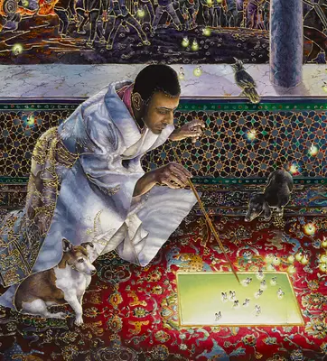 An enamel artwork featuring a person and a dog looking at a glowing square on an ornate carpet.	