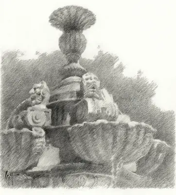 A pencil drawing of a fountain.