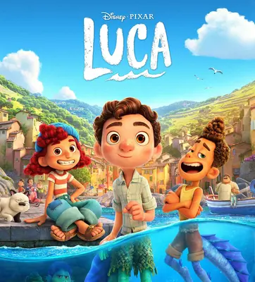A movie poster reading "Disney, Pixar, Luca" featuring three cartoon characters, two of which are partially submerged in water and are half-human and half-fish.