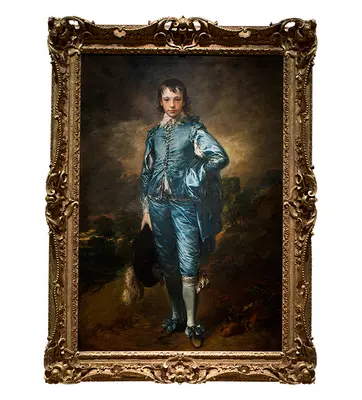 A framed painting of a boy in blue clothing.