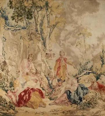 A faded tapestry of children and adults enjoying a picnic among ruins.