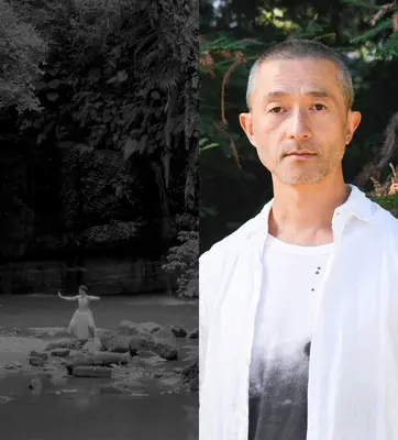 A black-and-white image of a person near a cave with water and plants (left) and a color portrait of a person with short hair who is wearing a white shirt.