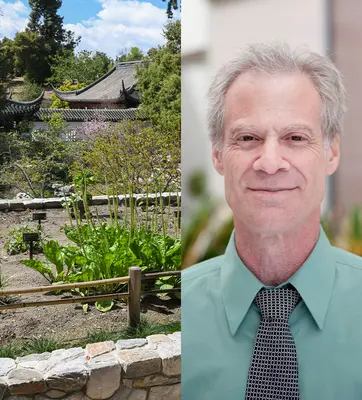 A collage with an image on left of a Chinese-style garden with stone planter beds, and on the right a portrait of a person with gray hair who is wearing a green shirt.