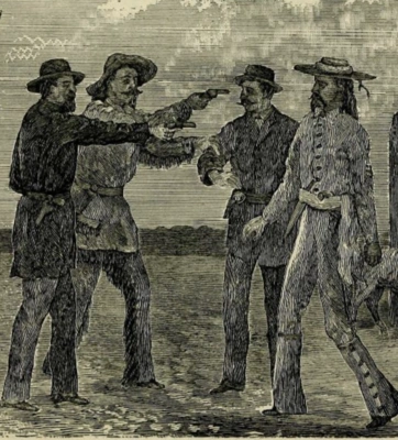 Pencil drawing of two men in hats pointing guns at another two people outside of a barn.