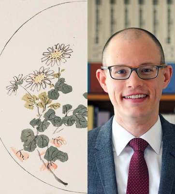 A composite image, on left an illustration of a flowering plant, on right a smiling man in a red tie.