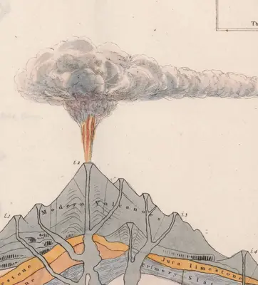 Color illustration of a volcano spewing lava and cloud.