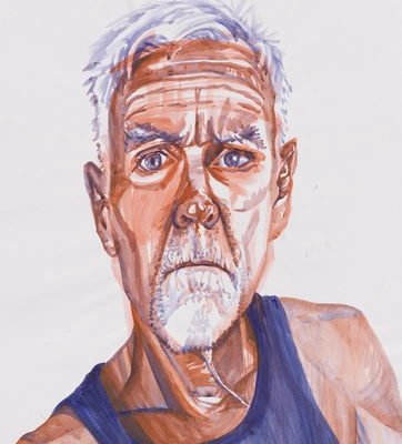 A painted portrait of a man with white hair wearing a blue tank top.