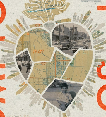 A book cover depicting a heart, created from collage of maps and photographs.