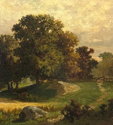 Painting of a person walking through a field of wheat with oak trees on a nearby hill.