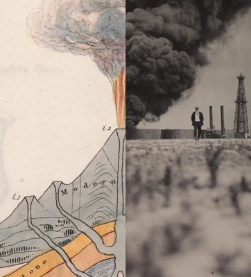 A composite image, on left a detail of an illustration of a volcano, on right a photo of a person walking away from an oil fire.