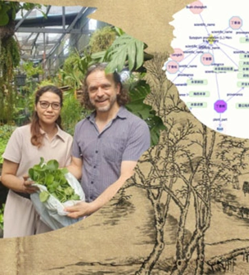 Two people inside a greenhouse revealing a green plant in a bag.