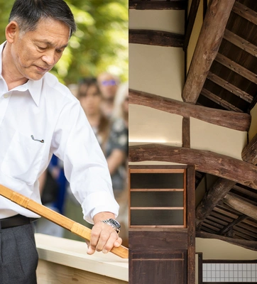 A collage of a person in a white shirt, holding a tool, and a view of exposed wood beams in the architecture of a traditional Japanese building. 