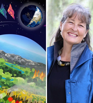 Collage of various ecosystems and planets in space (left) and a person smiling at the camera (right).