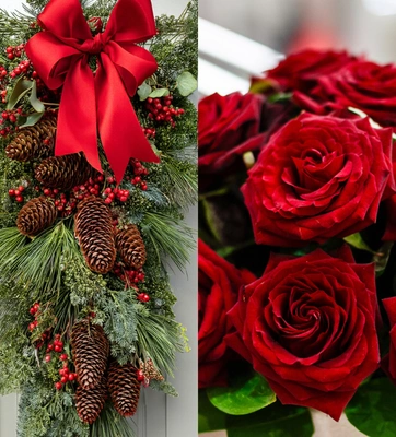 A composite image, on left a bundle of evergreen foliage, pinecones, and berries with a large red bow, on the right a closeup of blooming red roses.