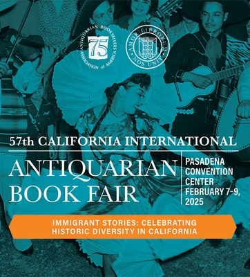 57th California International Antiquarian Book Fair information with a photograph of a dancer and musician in the background.