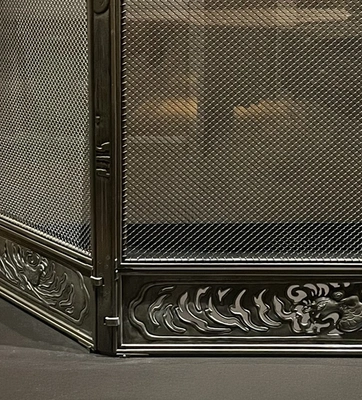 A close-up view of a metal fireplace grate with an ornate border at the bottom.