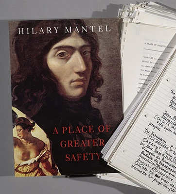 On left, a book cover with a painting of a person with long dark hair; On right, lined paper with handwritten notes.