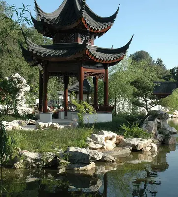 The Huntington's Chinese garden, named the Garden of Flowing Fragrance, Liu Fang Yuan, features a complex of tile-roofed pavilions situated around a large lake and showcases many plants native to China. Pictured: The Pavilion of the Three Friends. The Huntington Library, Art Museum, and Botanical Gardens.