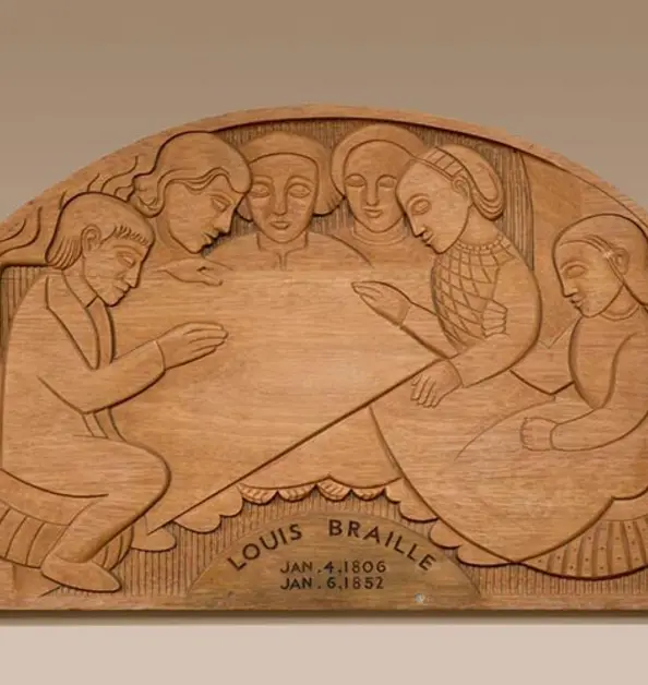 A mahogany wood art piece carved with people and shapes.