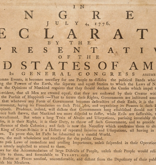 A tan paper with a title in large font that reads, “In Congress, July 4, 1776, a declaration by the representatives of the United States of America, in General Congress assembled.”